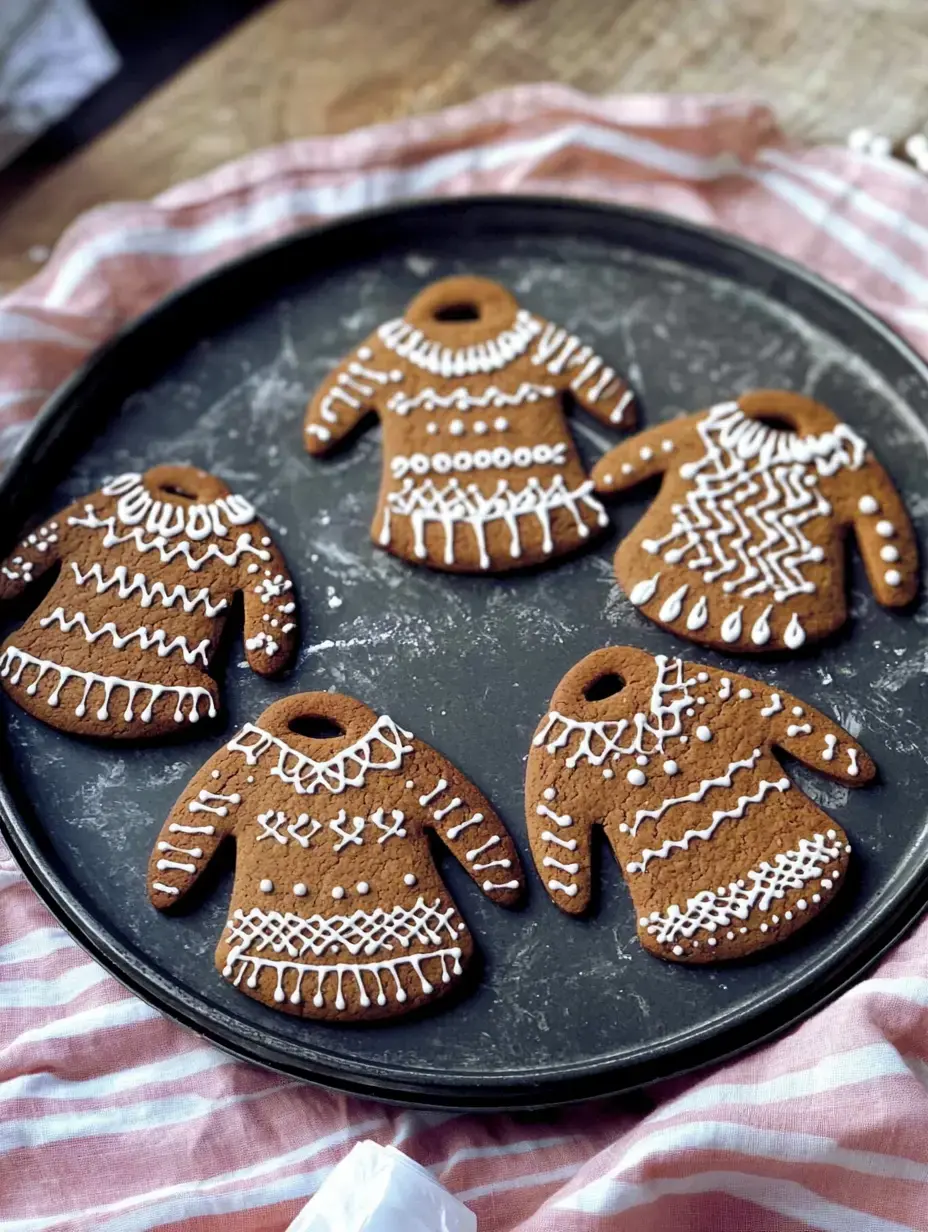 A tray features six baked sweater-shaped gingerbread cookies decorated with white icing.