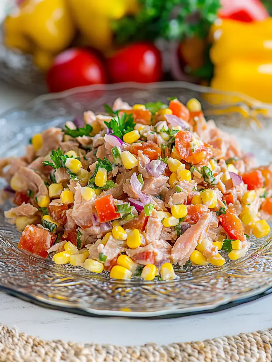 A colorful salad of tuna, corn, tomatoes, onions and fresh herbs on a decorative plate.