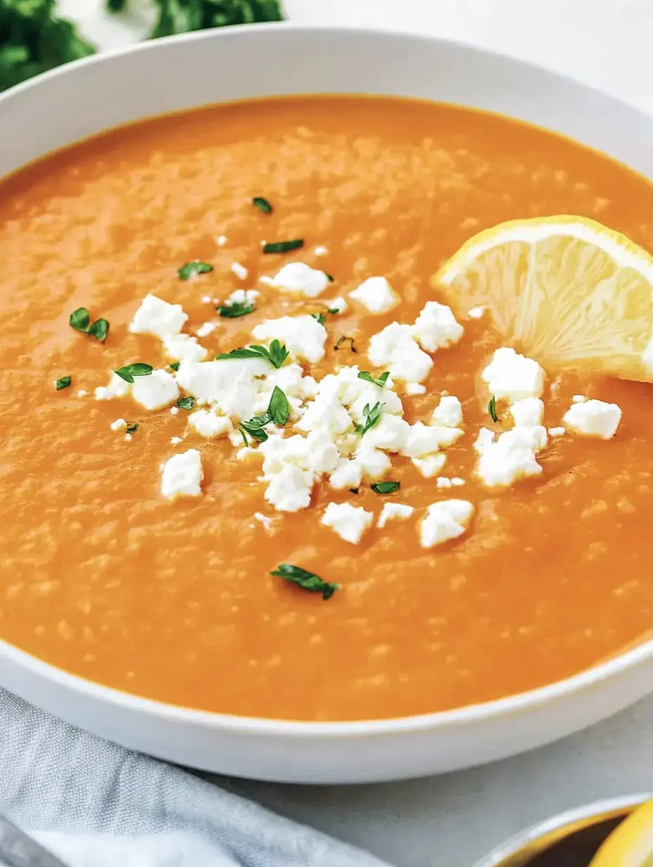 A creamy orange soup with feta cheese and a lemon wedge, all served in a white bowl.