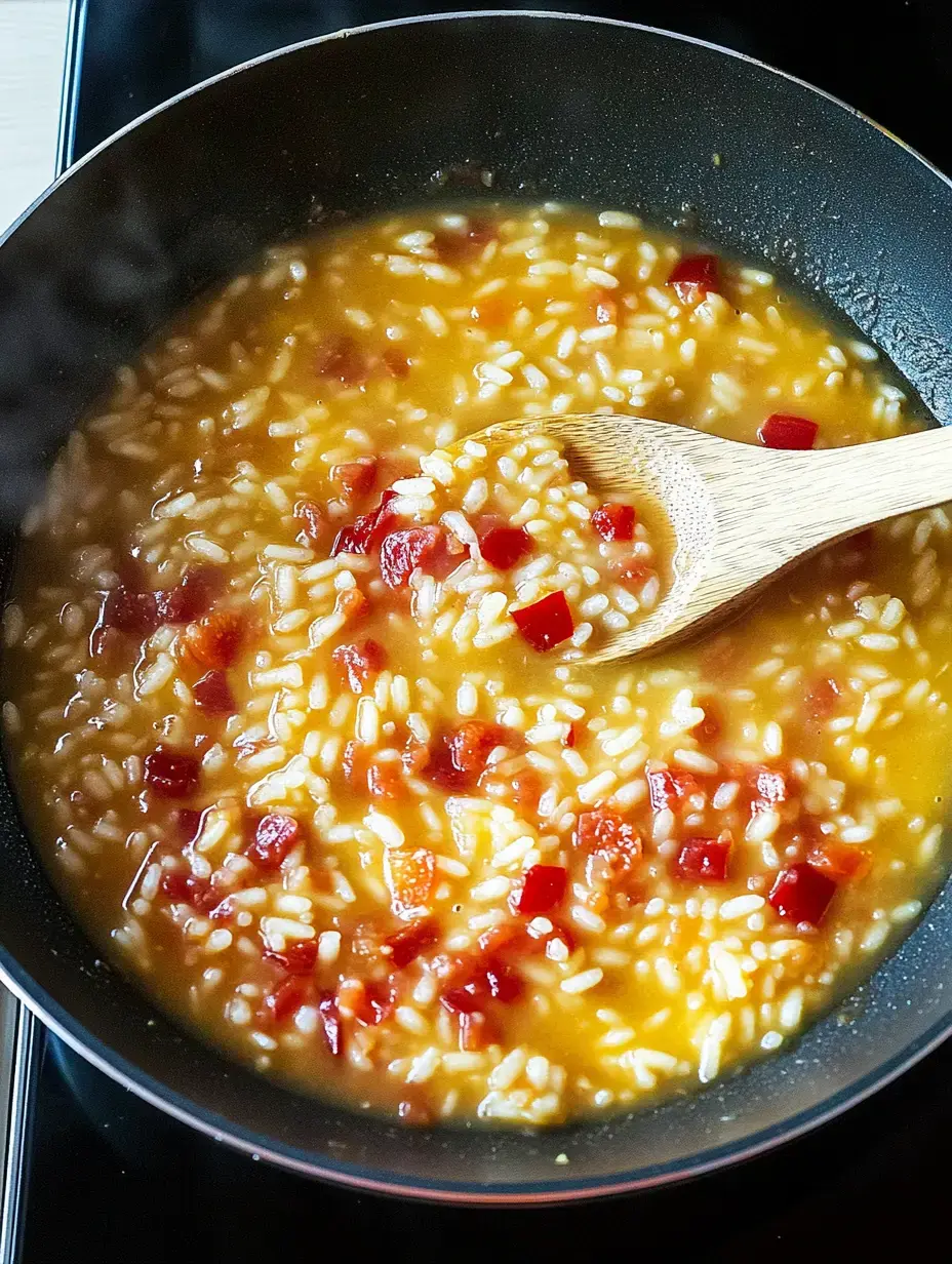 A pot of risotto stirred with a wooden spoon, with bright bits of tomato mixed in.