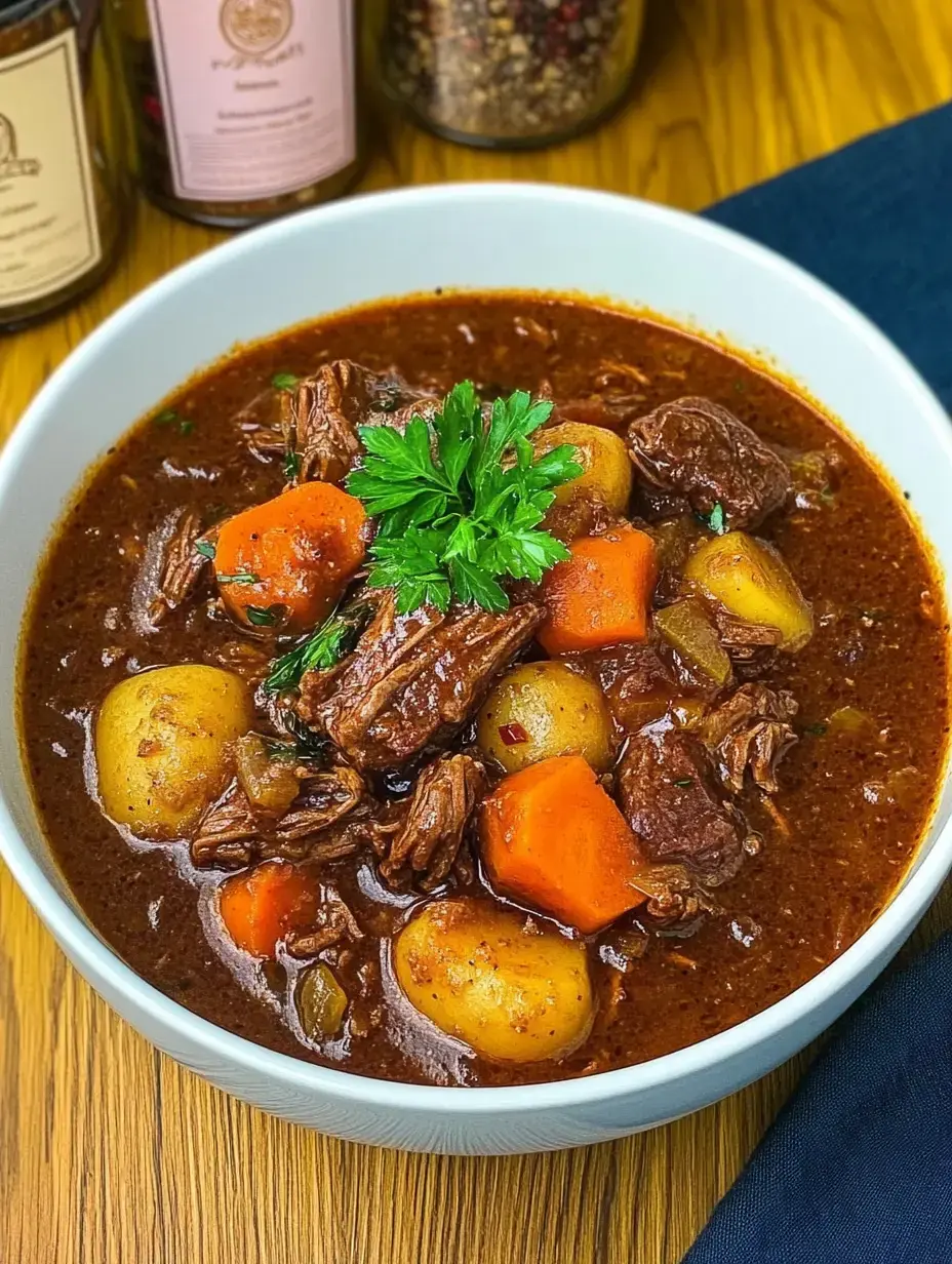 A bowl of beef soup with carrots, potatoes and herbs, topped with fresh parsley.