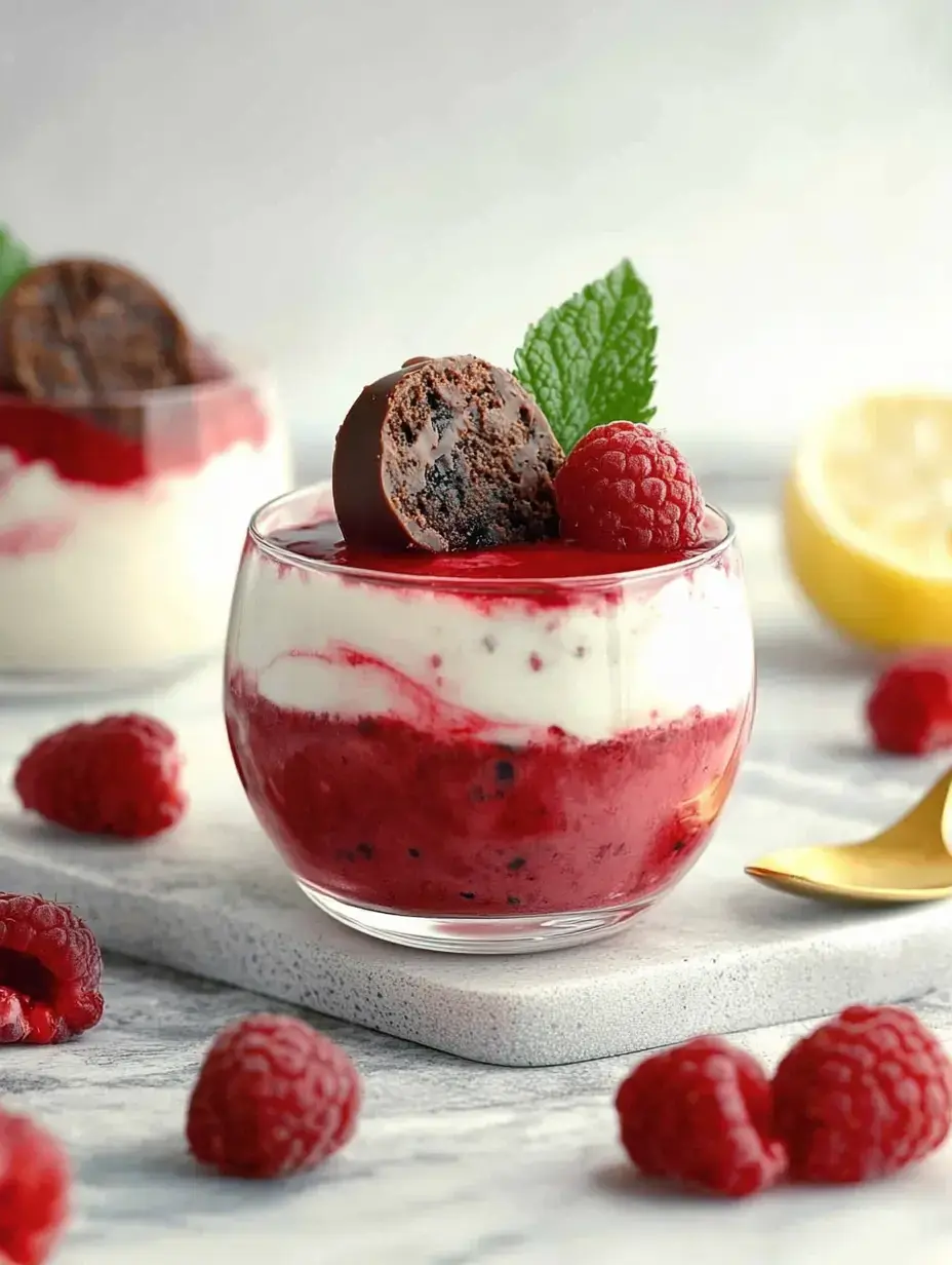 A glass packed with layers of raspberry sauce and creamy white filling, topped off with a raspberry, a bit of chocolate, and a mint leaf, all set on a gray coaster.