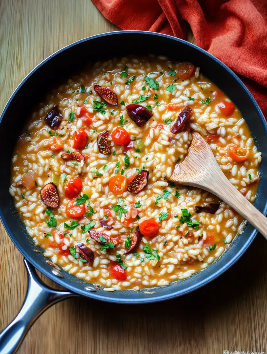 A pan with risotto, cherry tomatoes, and a sprinkle of chopped cilantro.