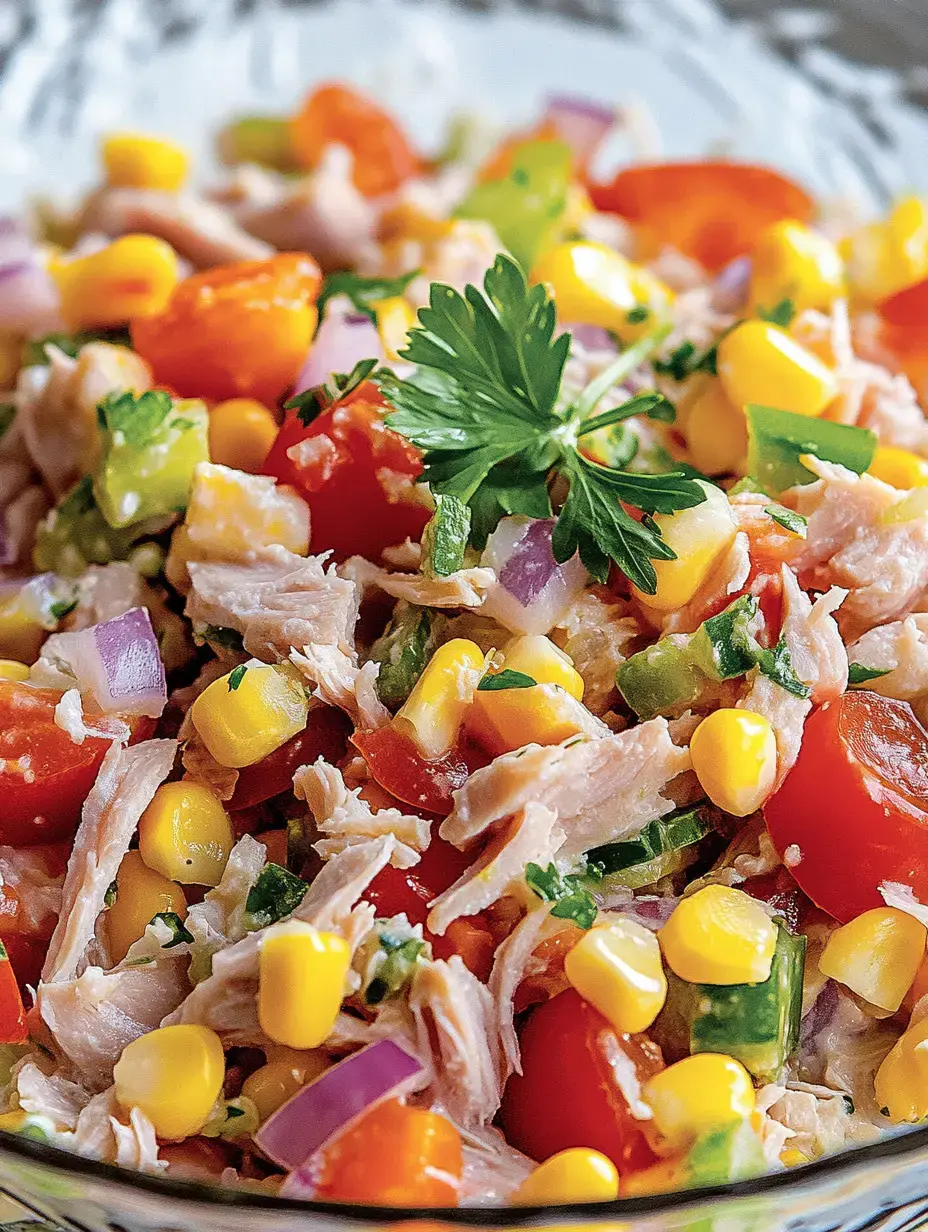 A colorful salad with shredded chicken, tomatoes, corn, peppers, onions and fresh parsley.