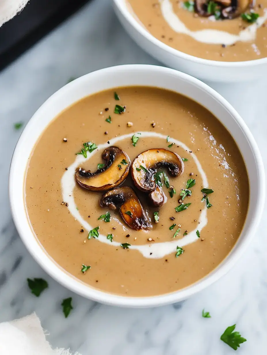 A creamy mushroom soup in a white bowl, dressed up with fresh herbs and a dollop of cream.