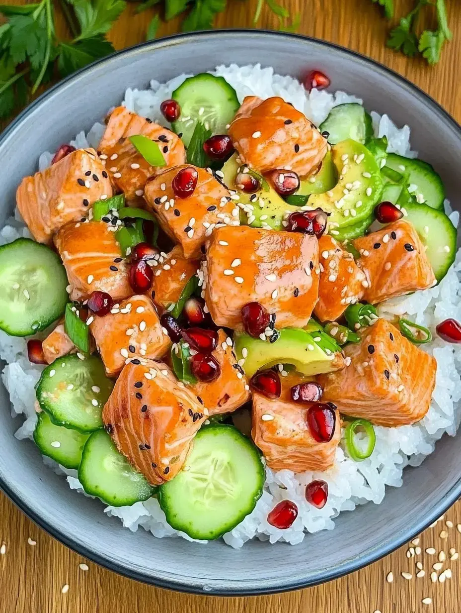 A bowl containing sushi rice, marinated salmon, cucumber slices, pomegranate seeds and spring onions, topped with black and white sesame seeds.