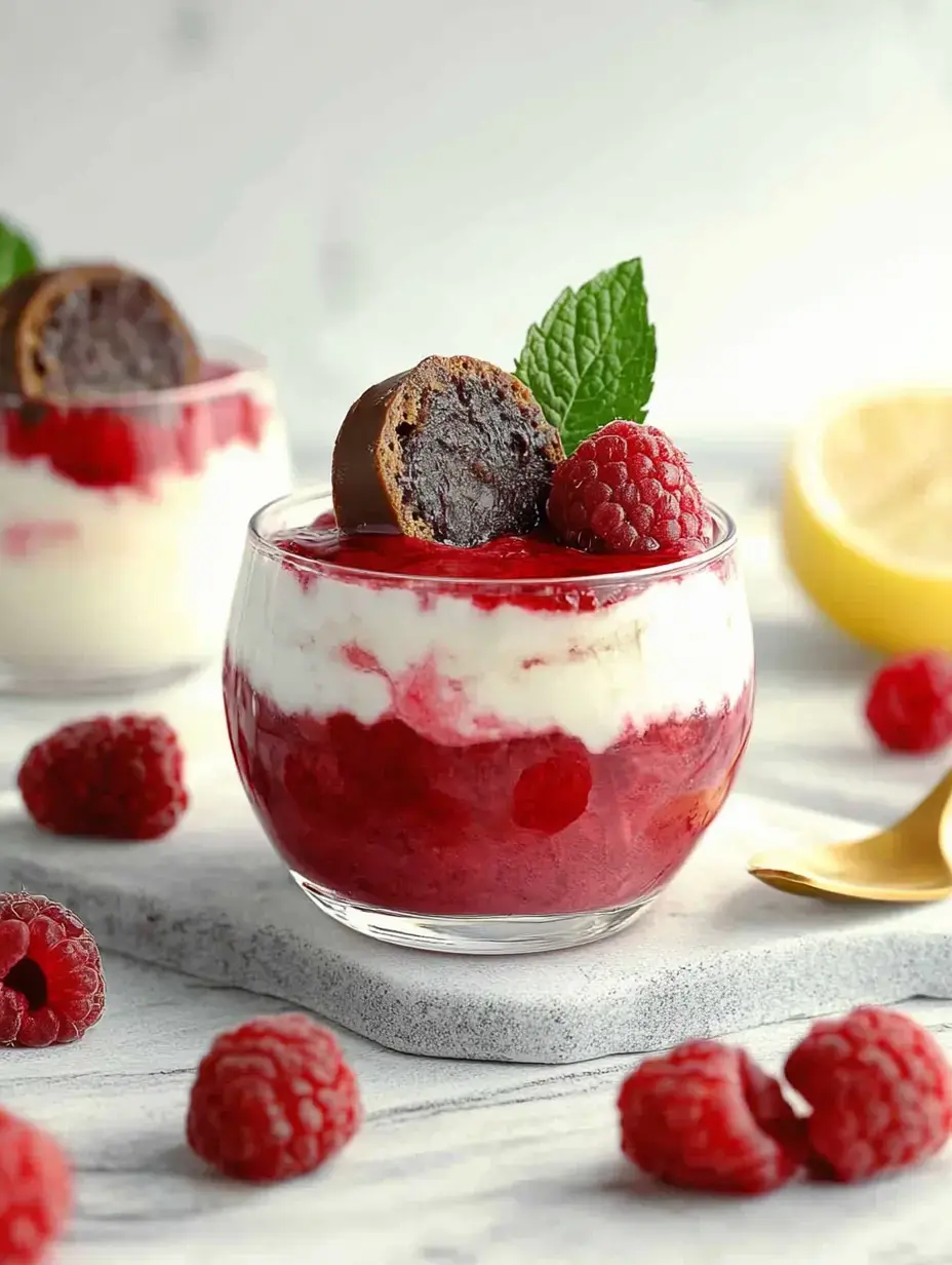 A glass filled with raspberry mousse, whipped cream, and a chunk of chocolate, topped with fresh raspberries and mint leaves.