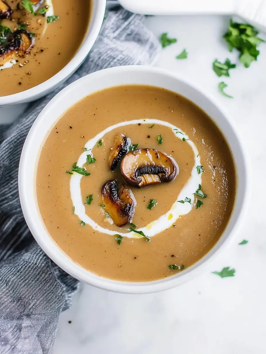 A bowl of creamy mushroom soup with button mushrooms, a swirl of cream, and fresh herbs served on a bright table.
