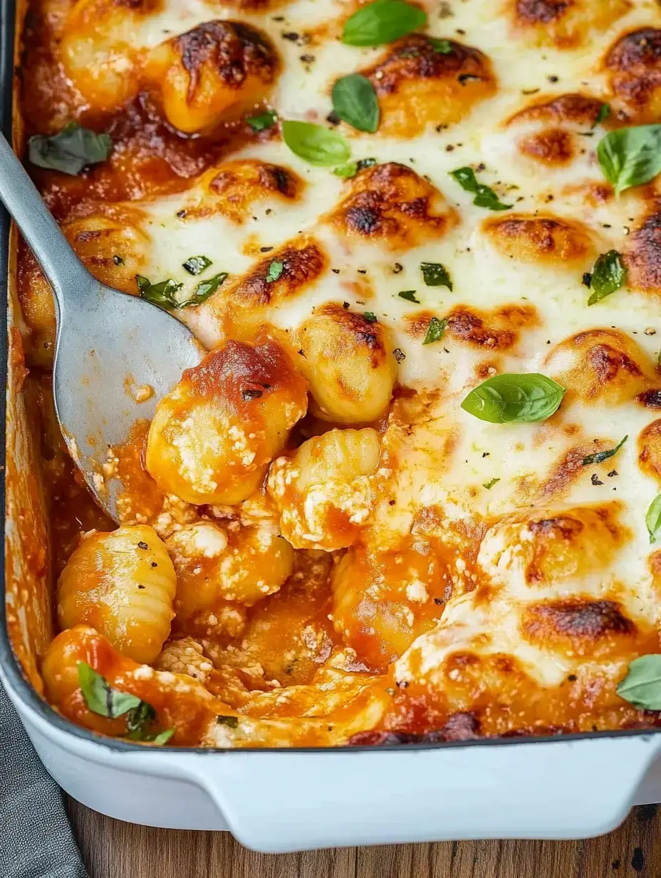 A pasta dish featuring potato dumplings, tomato sauce and melted cheese, topped with fresh basil.