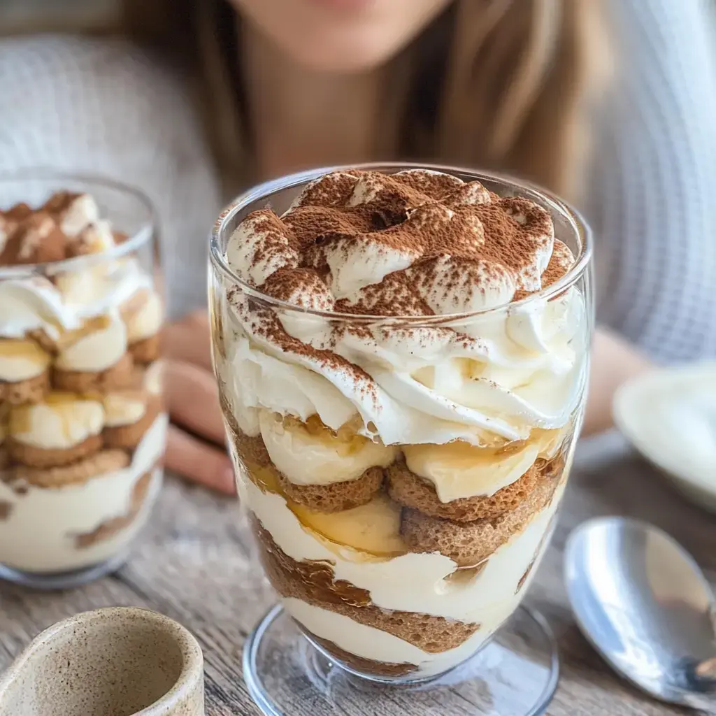 A tempting dessert glass showing layers of bananas, cream, bases and cocoa topping.