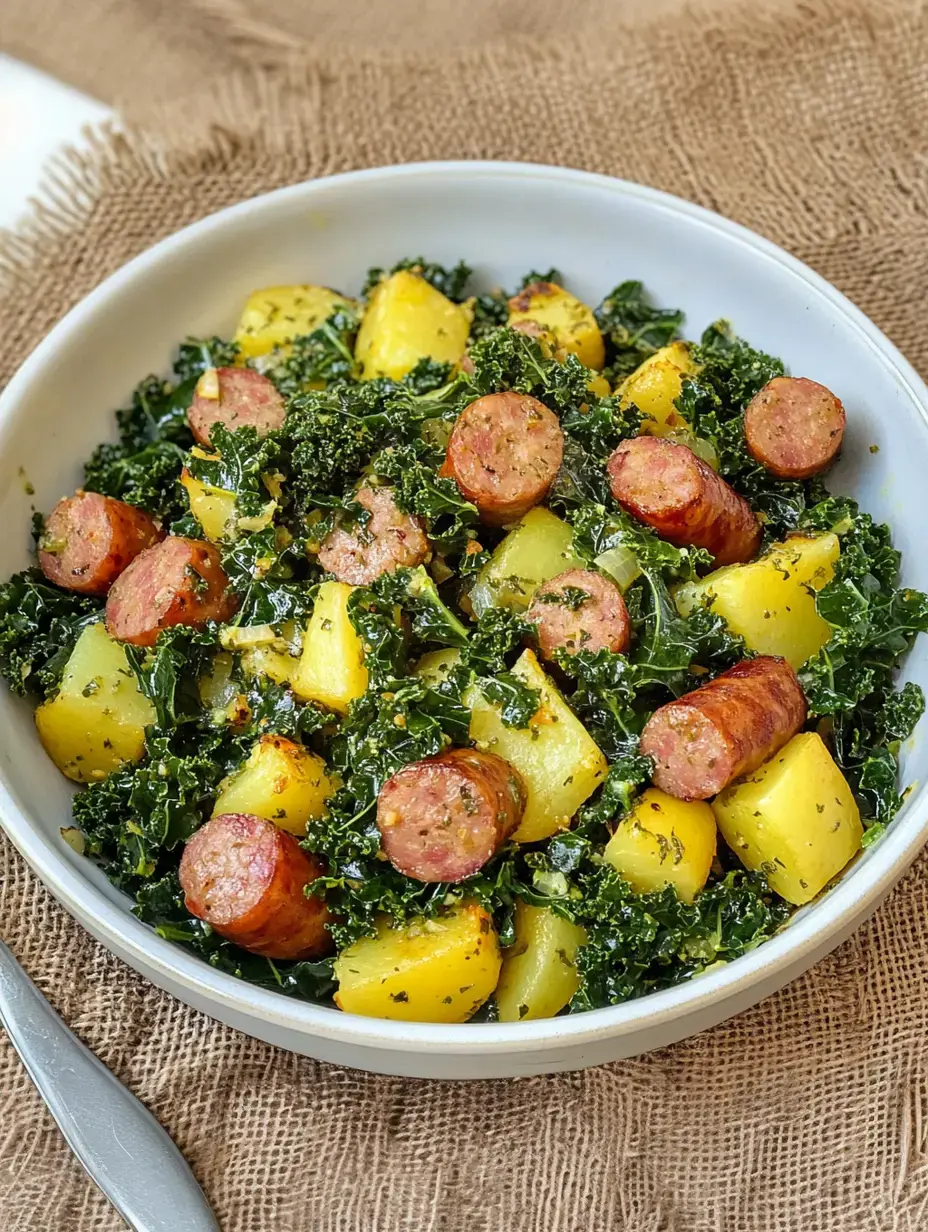 A white dish with kale, potato chunks, and sausage slices ready to eat.