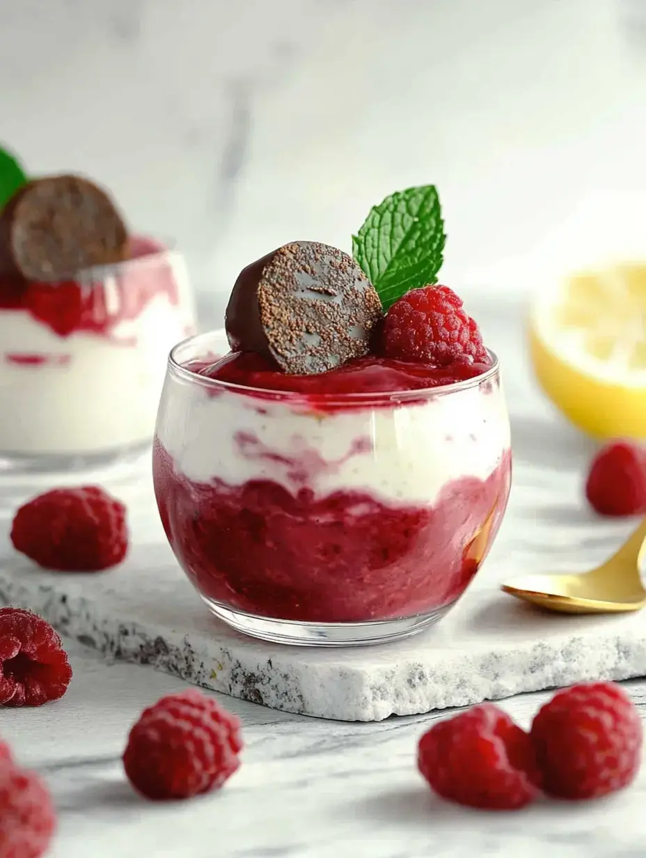 A glass with raspberry-colored dessert, cream layers, a raspberry, some chocolate, and a mint leaf, sitting on a marbled surface.