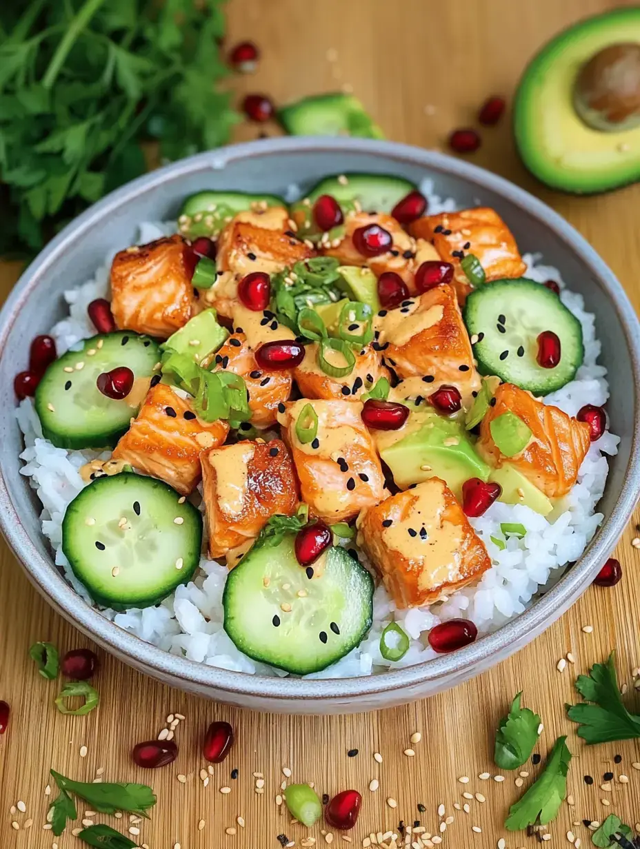 A bowl filled with rice, grilled salmon, cucumber slices, pomegranate seeds and avocado, garnished with spring onions and sesame.