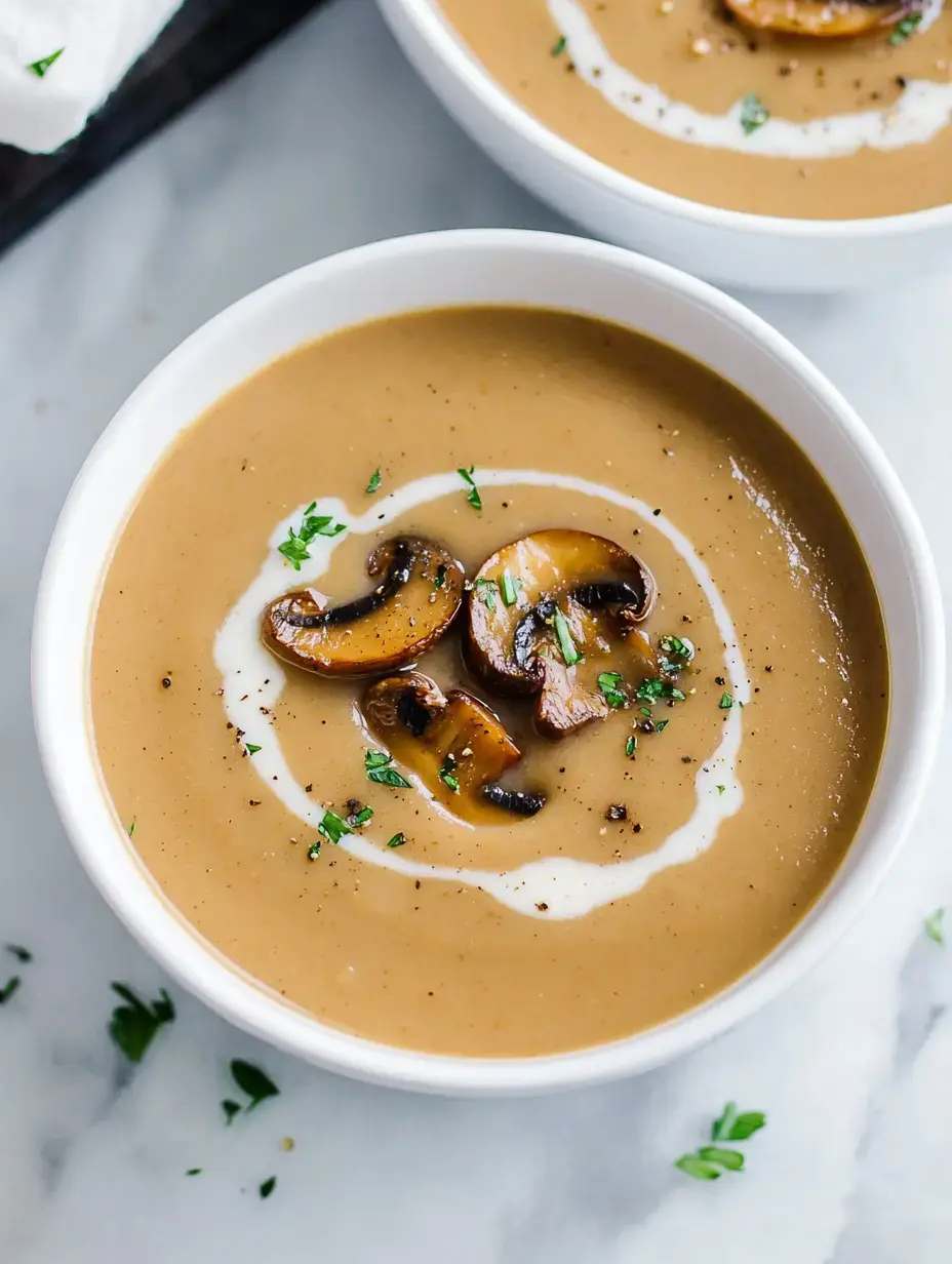 A deep bowl filled with creamy mushroom soup, topped with sautéed mushrooms and a swirl of cream.