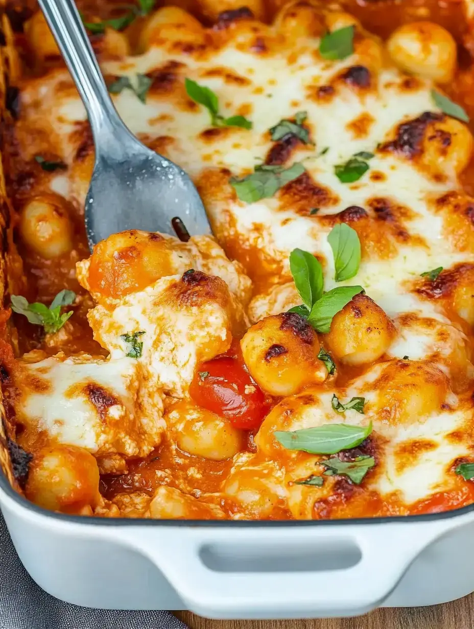 A baked dish with potato dumplings, tomato sauce, melted cheese and fresh herbs.