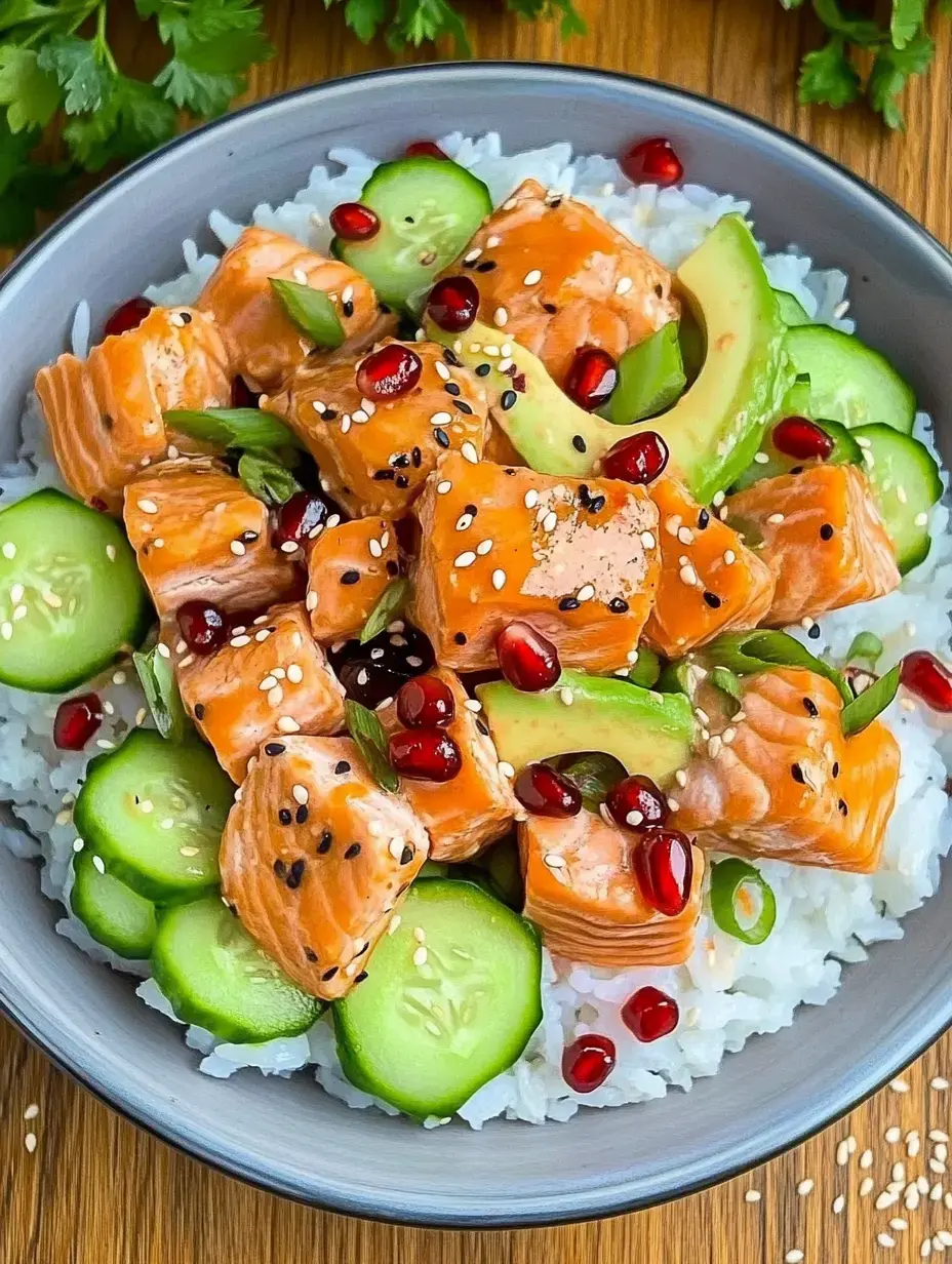 A bowl containing rice, marinated salmon, cucumber slices, pomegranate seeds and sesame, decorated with spring onions.