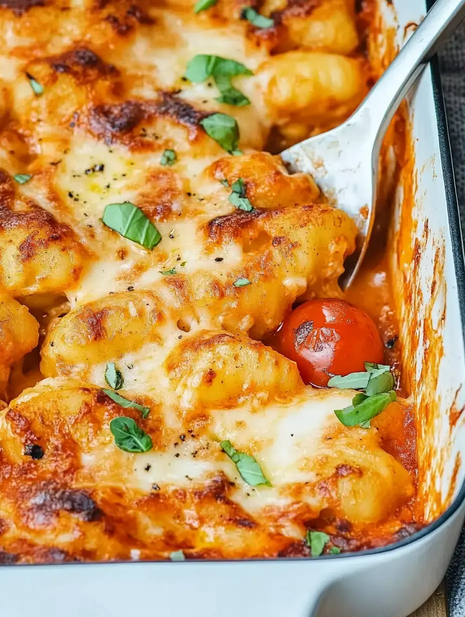 A baked dish with potato dumplings, tomatoes and melted cheese, decorated with fresh herbs.