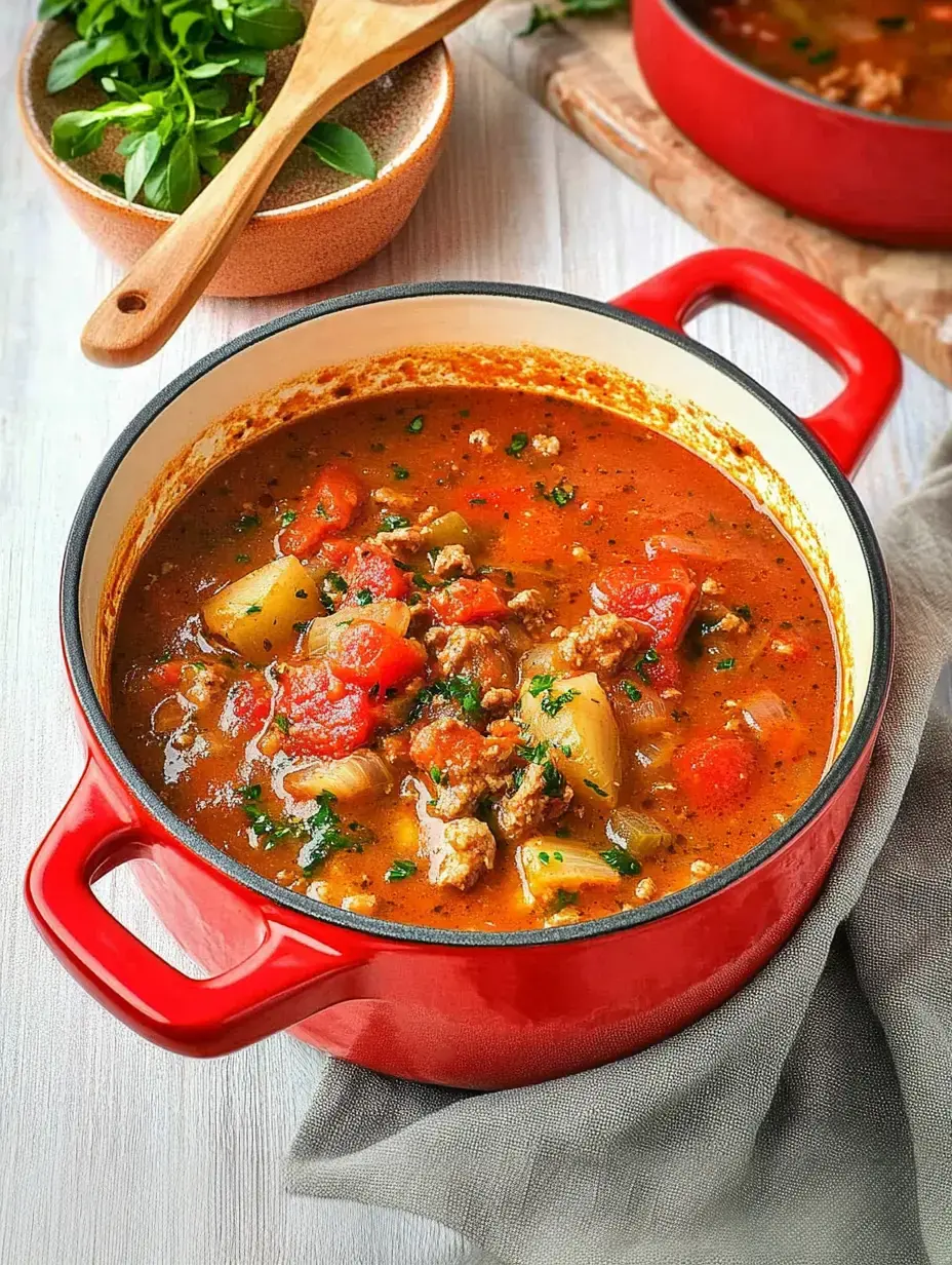 A red pot filled with hearty stew loaded with meat and veggies sits on a table, with a bowl of fresh herbs nearby.