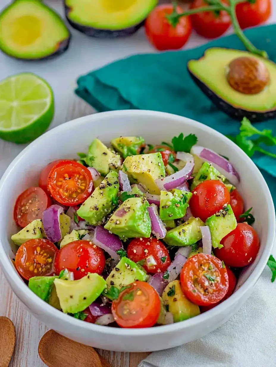 A bowl filled with avocado chunks, cherry tomatoes, red onions, and fresh herbs, surrounded by limes and avocados.