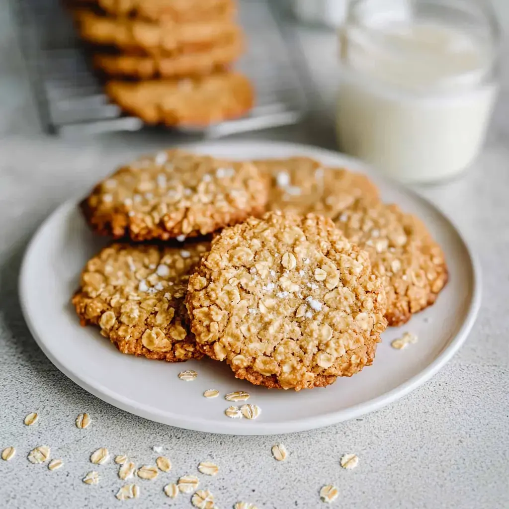 A plate of freshly baked oatmeal cookies surrounded by raw oats with a glass of milk in the background.