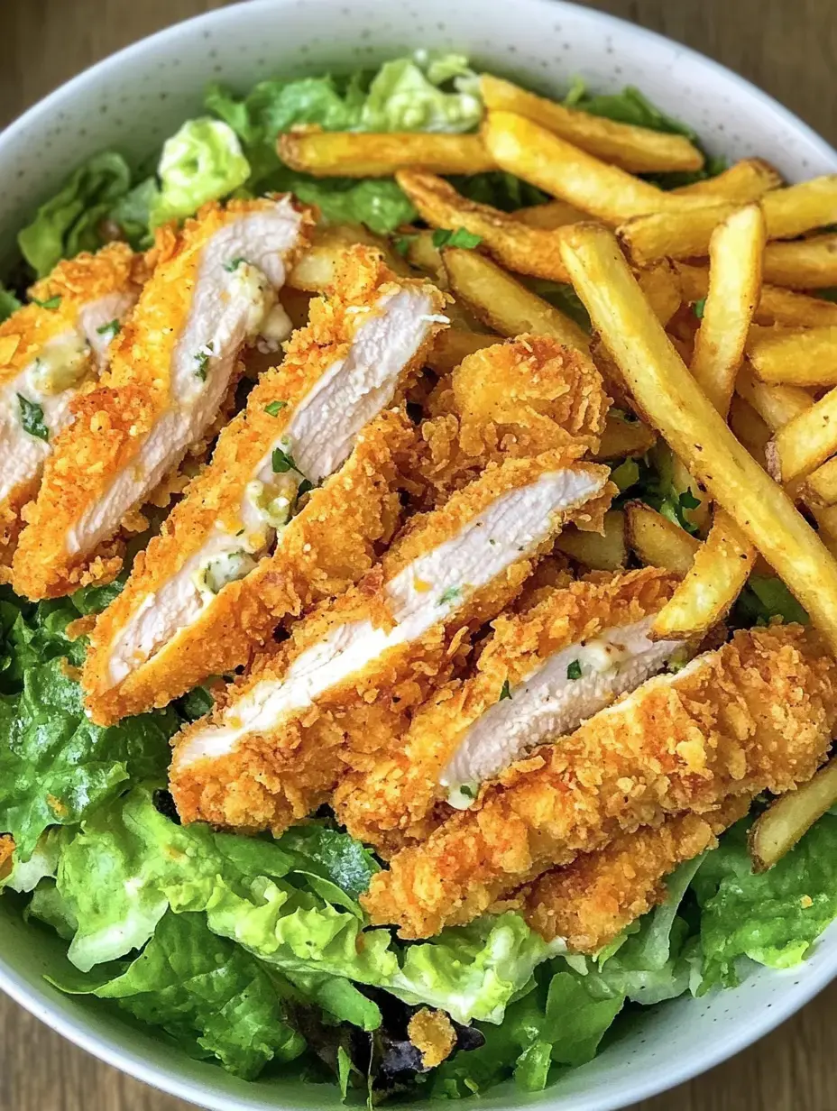A plate with crispy chicken fillets on a bed of fresh lettuce and french fries.