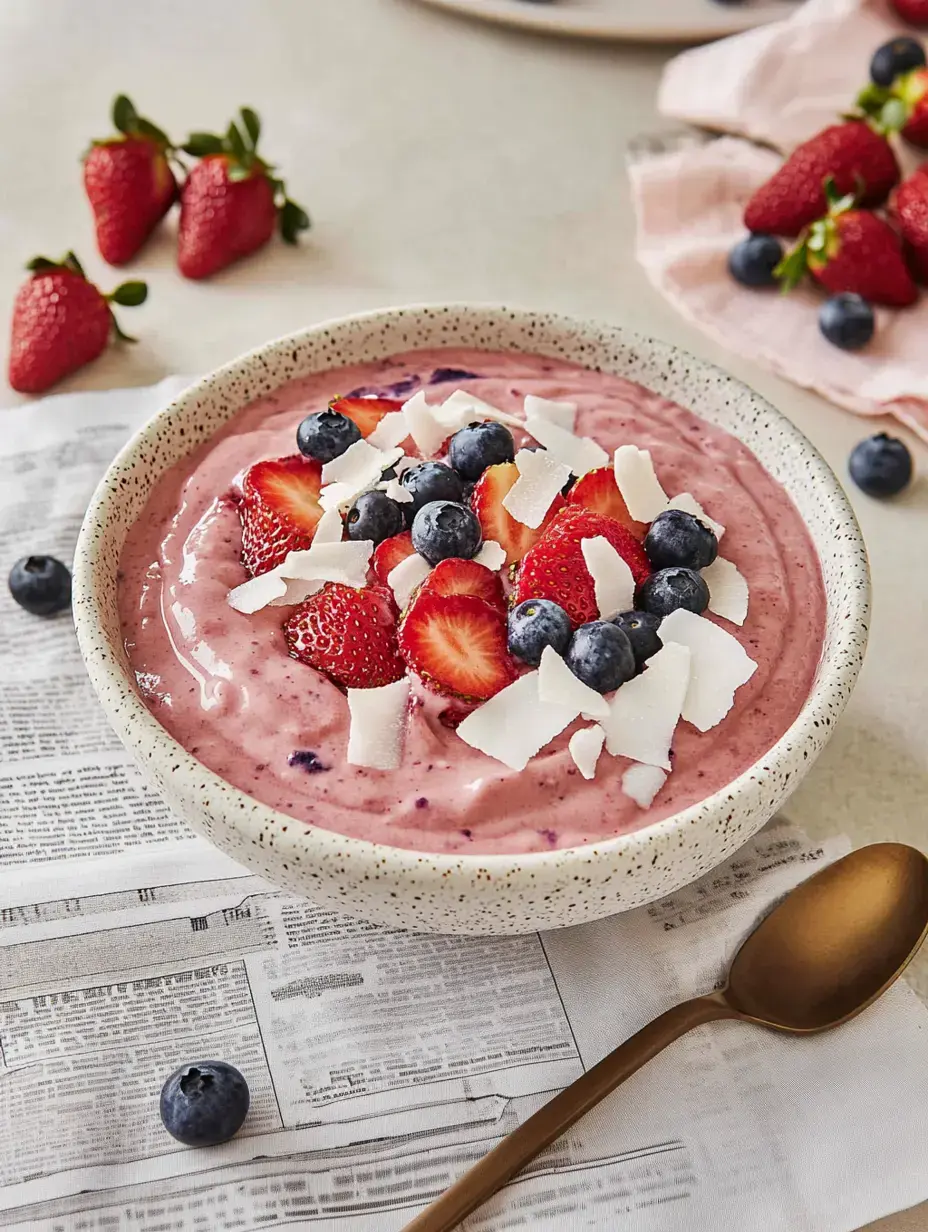 A pink yogurt base loaded with strawberries, blueberries, and coconut flakes, surrounded by fruit and a gold spoon.