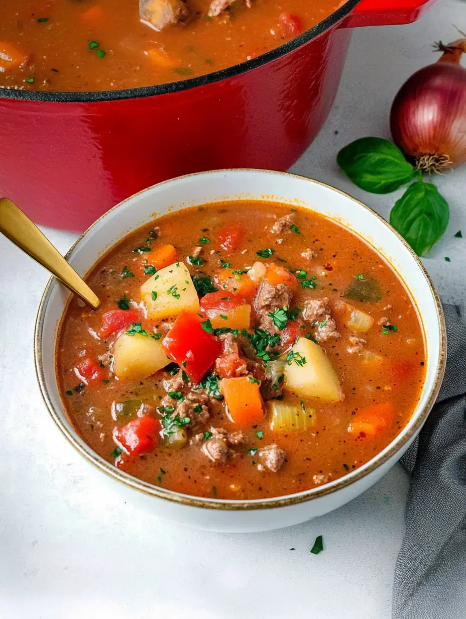 A plate of hearty stew packed with meat, veggies, and potatoes sits by a big pot and fresh ingredients.