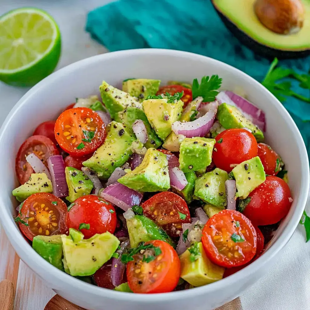 A bowl with bright avocado and tomato salad, topped with red onions and cilantro on a light table.