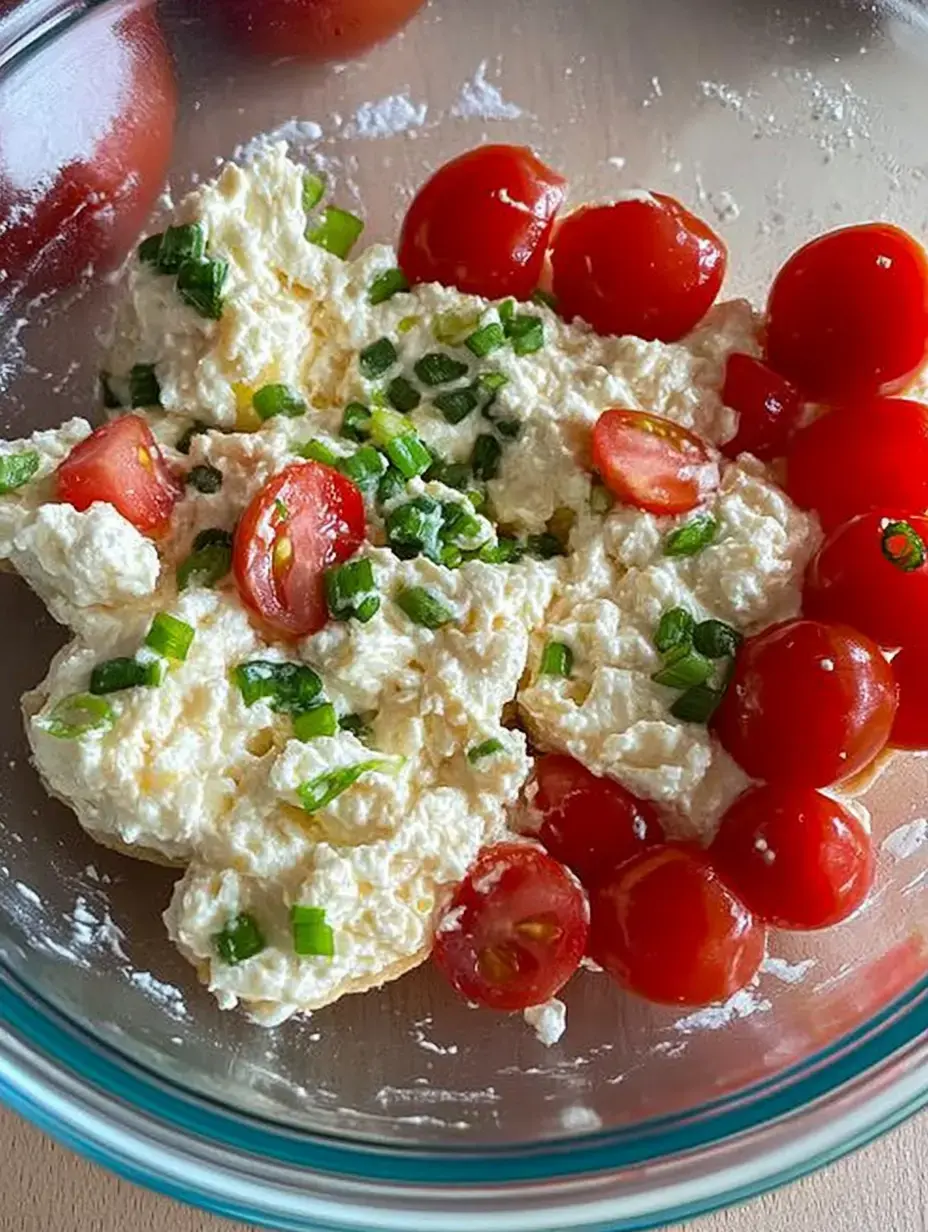 A bowl containing ricotta, chopped green onions and halved cherry tomatoes.