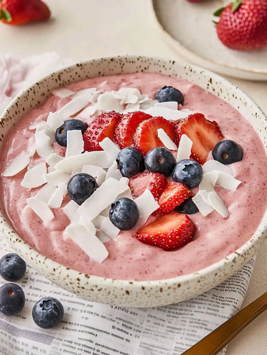 A thick bowl of creamy yogurt with fresh strawberries, blueberries, and shredded coconut on top.