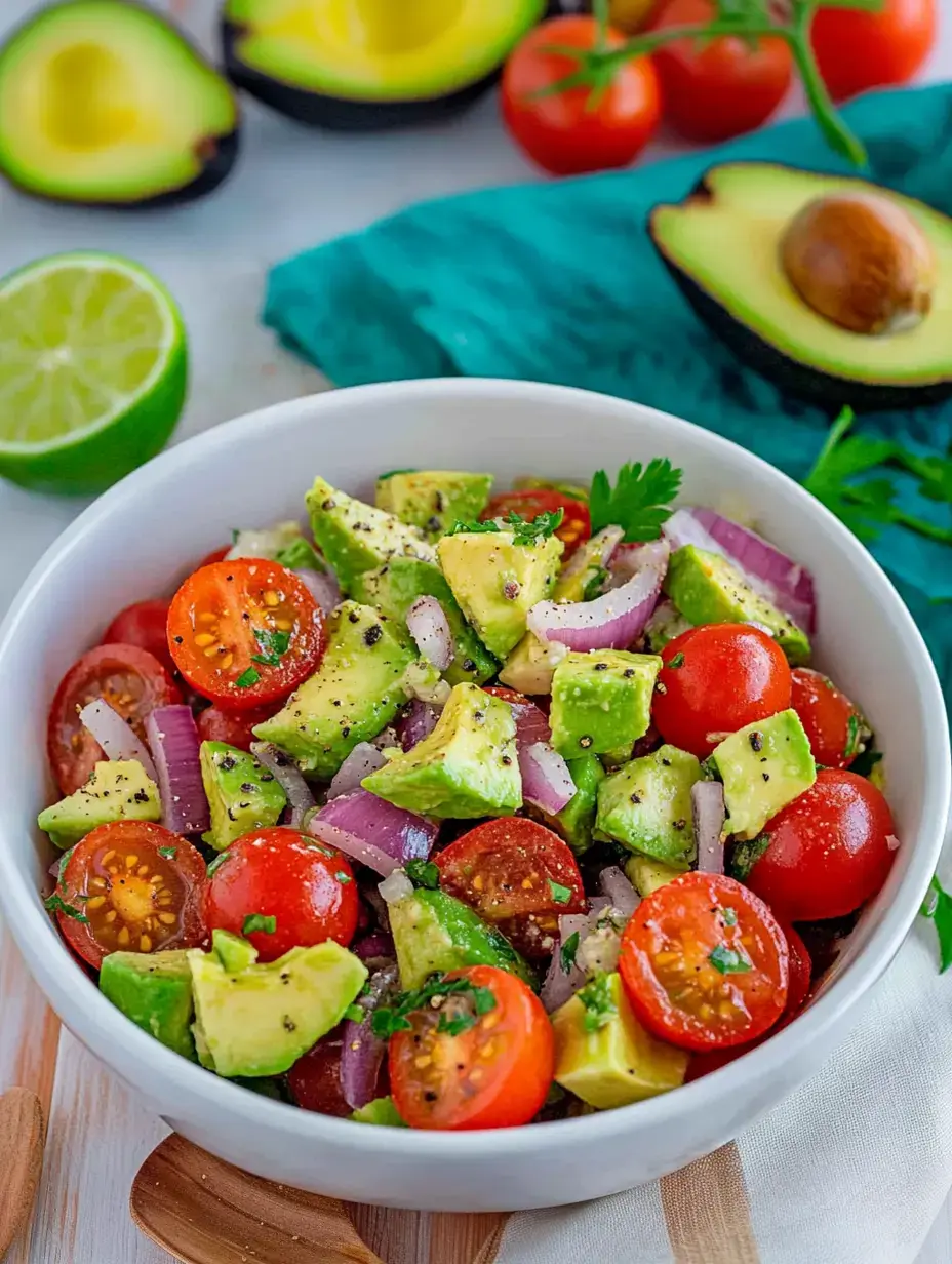 A bowl brimming with avocado, cherry tomatoes, red onions, and fresh herbs.