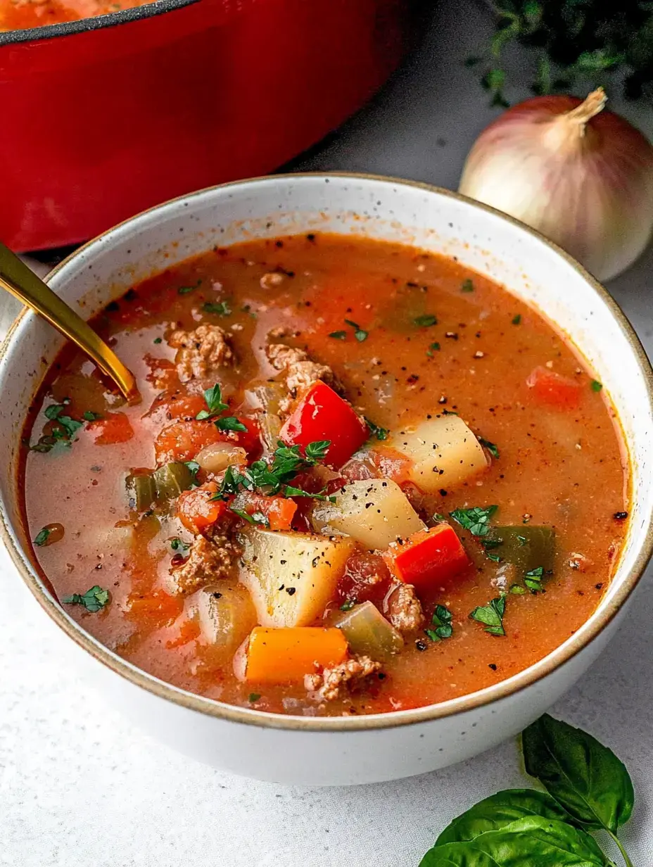 A bowl of warm veggie stew with beef, bright vegetables, and fresh greens sprinkled on top.
