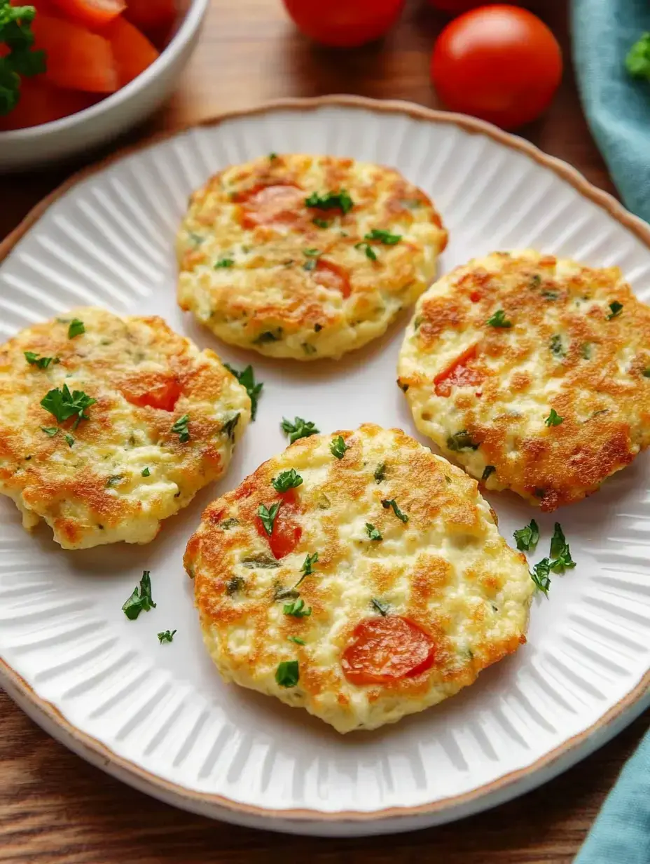Baked vegetable fritters with tomatoes and fresh parsley on a plate.
