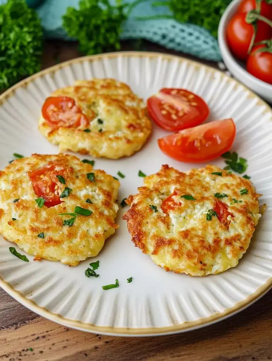 Three golden pumpkin fritters with fresh tomato slices and chopped parsley on a plate.