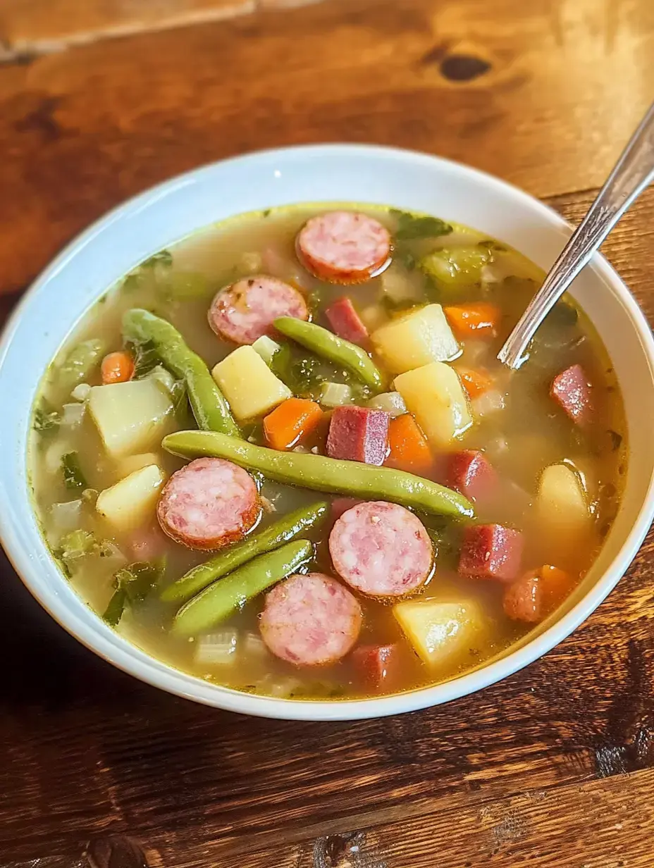 A bowl of soup with sausage slices, potatoes, carrots, and green beans on a wooden tabletop.