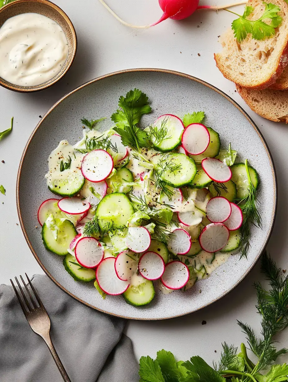 A colorful salad made of cucumbers and radishes topped with dill and coriander, served with a creamy sauce.