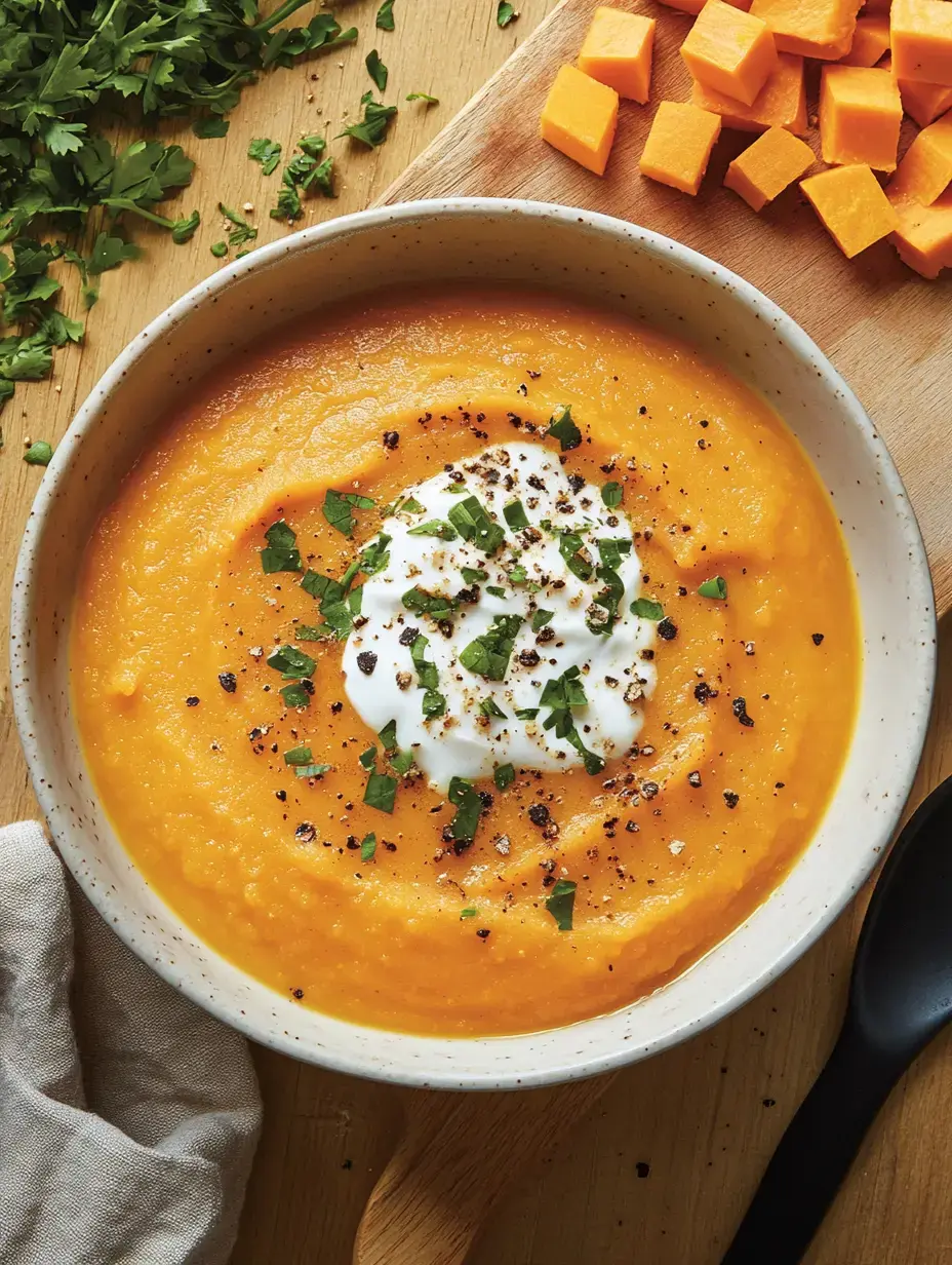 A bowl of smooth pumpkin soup with a swirl of sour cream, topped with herbs and black pepper, surrounded by diced pumpkin and fresh herbs on a wooden board.