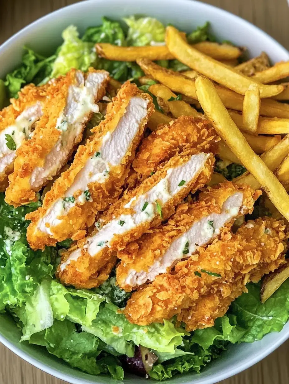 A plate with crispy chicken strips on a bed of green salad and french fries.