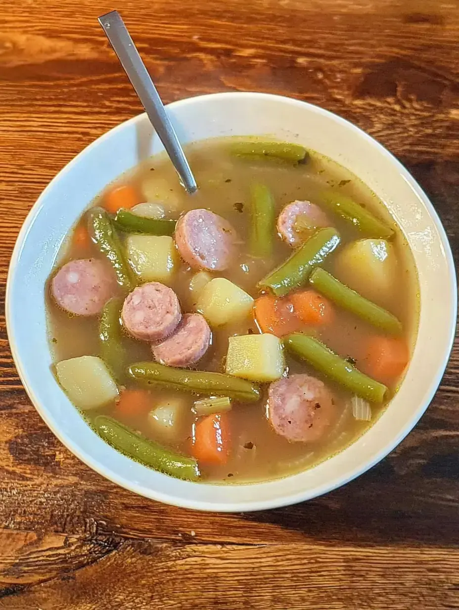 Wooden table holds a bowl of veggie soup with potatoes, carrots, green beans and sausage slices.