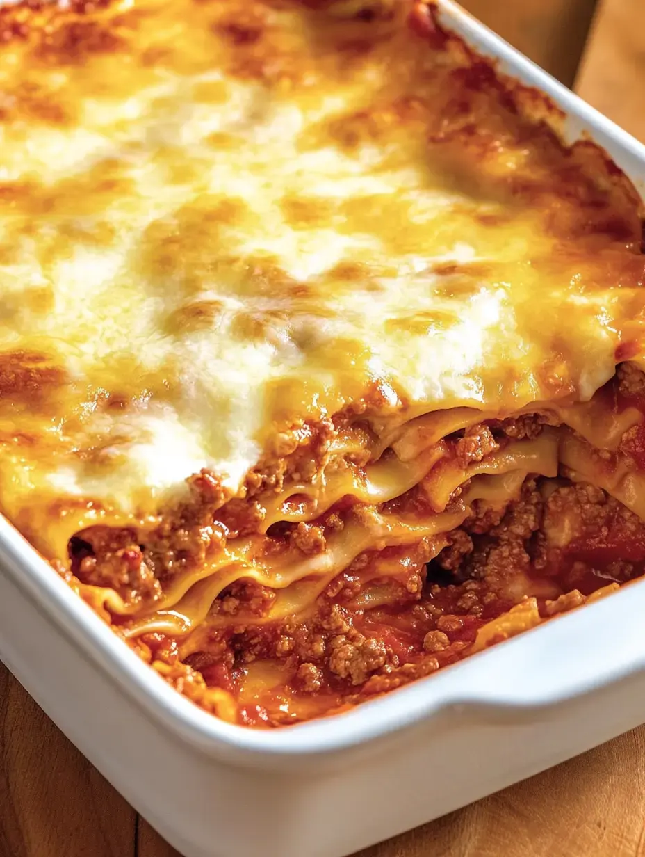 A juicy lasagna casserole with melted cheese and layers of meat sauce and pasta sheets.