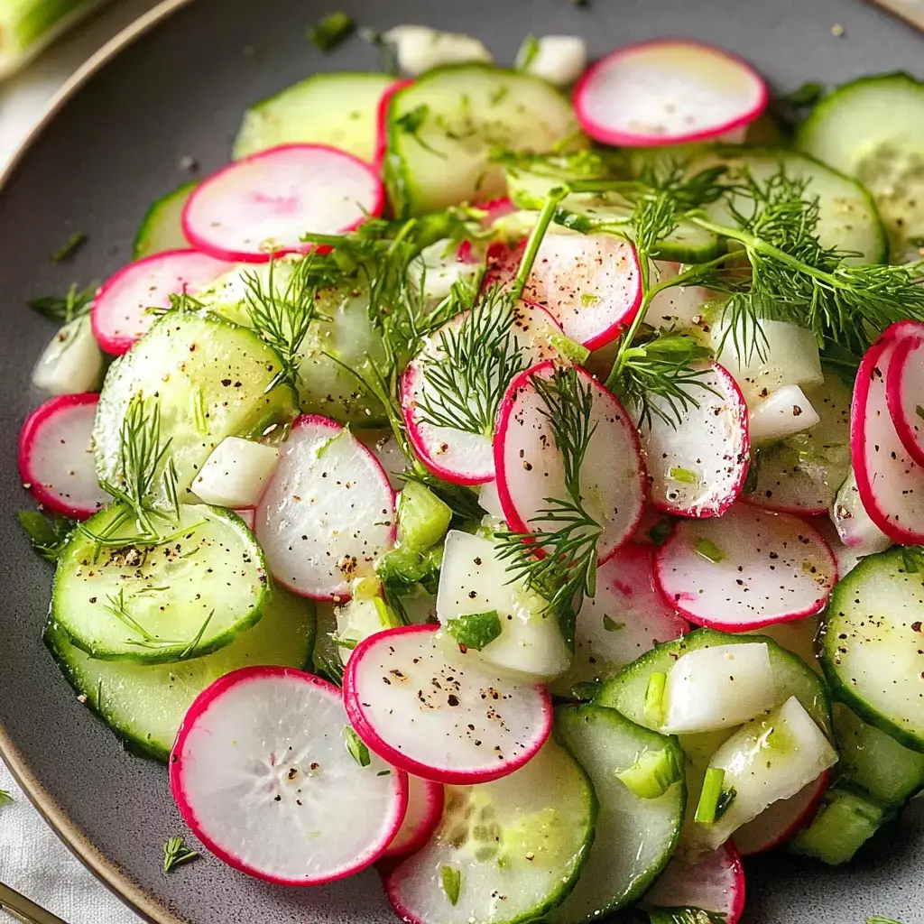 A crisp salad of radish, cucumber, and dill in a bowl.