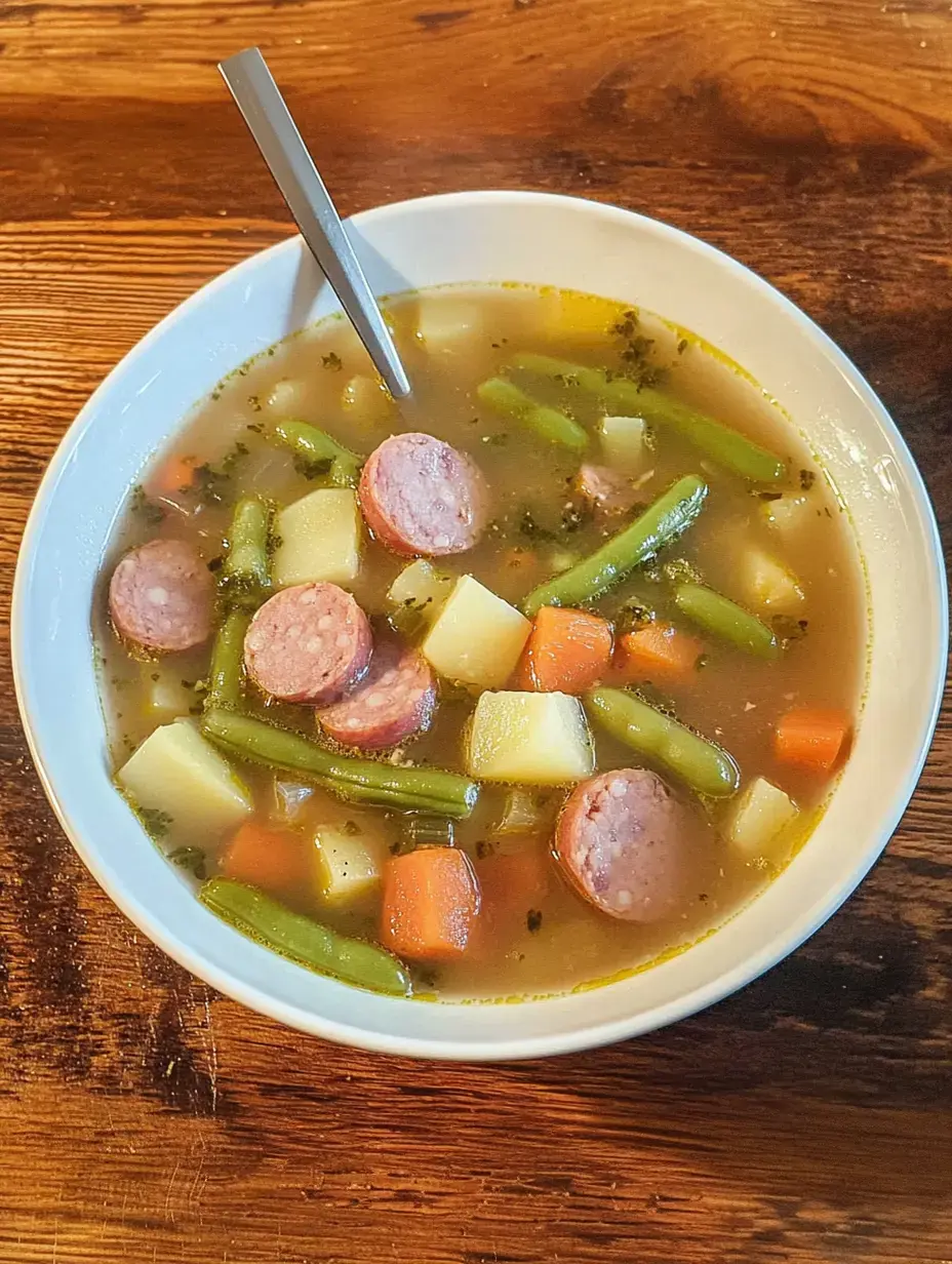 On a wooden table sits a bowl of soup filled with sausages, green beans, potatoes and carrots.