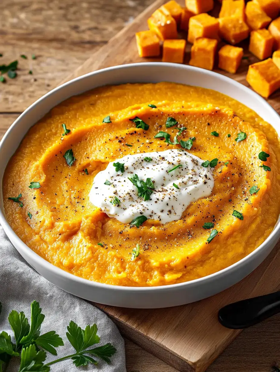 Creamy pumpkin mash with a dollop of sour cream and fresh herbs, served with diced pumpkin.