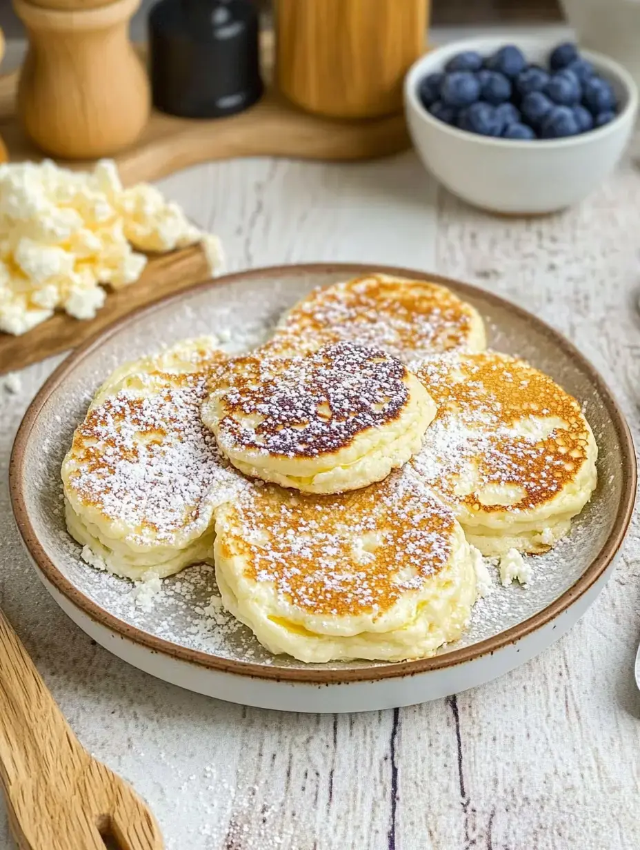 A plate of fluffy pancakes dusted with powdered sugar, next to a bowl containing blueberries and quark.