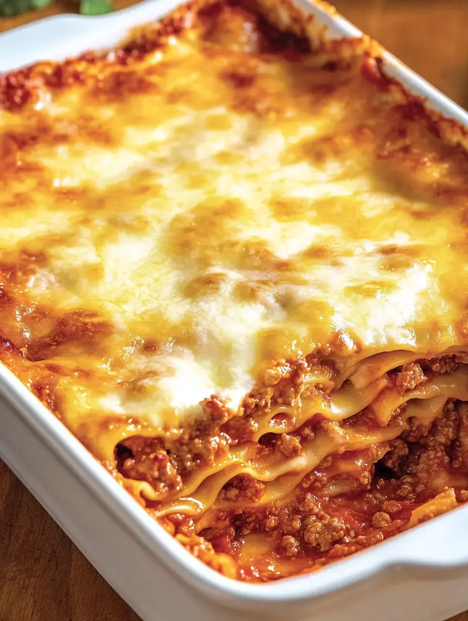 A tasty lasagna with a golden-brown, melted cheese layer and juicy meat sauce.