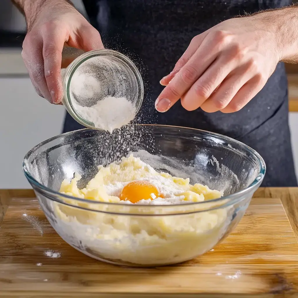 A cook sprinkles sugar into a bowl with butter and an egg.
