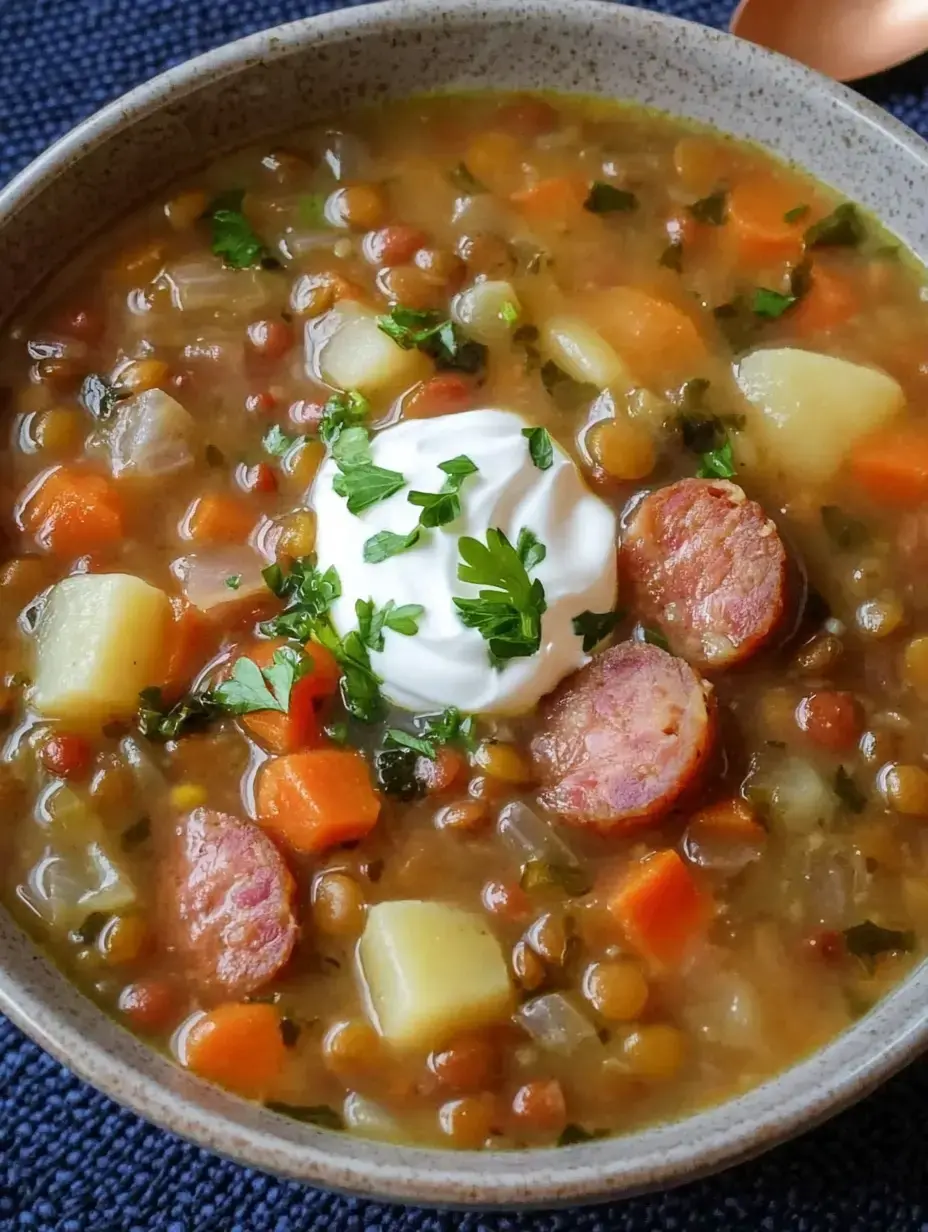 A bowl of lentil soup topped with sour cream and fresh cilantro, filled with carrots, potatoes, and bits of sausage.