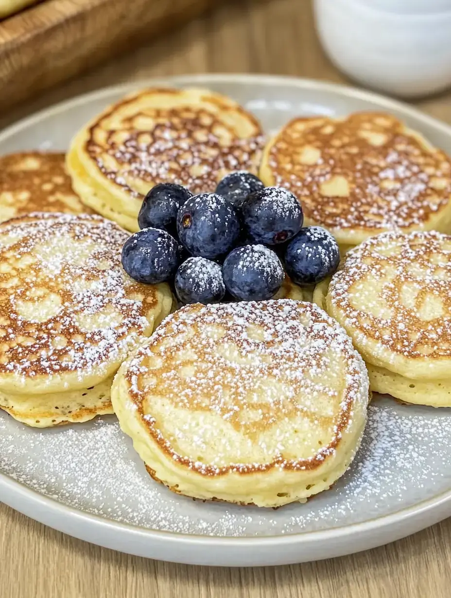 A plate with golden-brown pancakes sprinkled with powdered sugar and decorated with fresh blueberries.