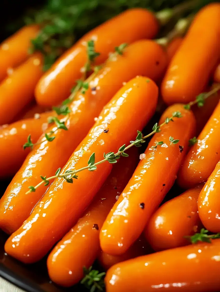 A plate full of glossy, hot carrots sprinkled with thyme and a little touch of salt.
