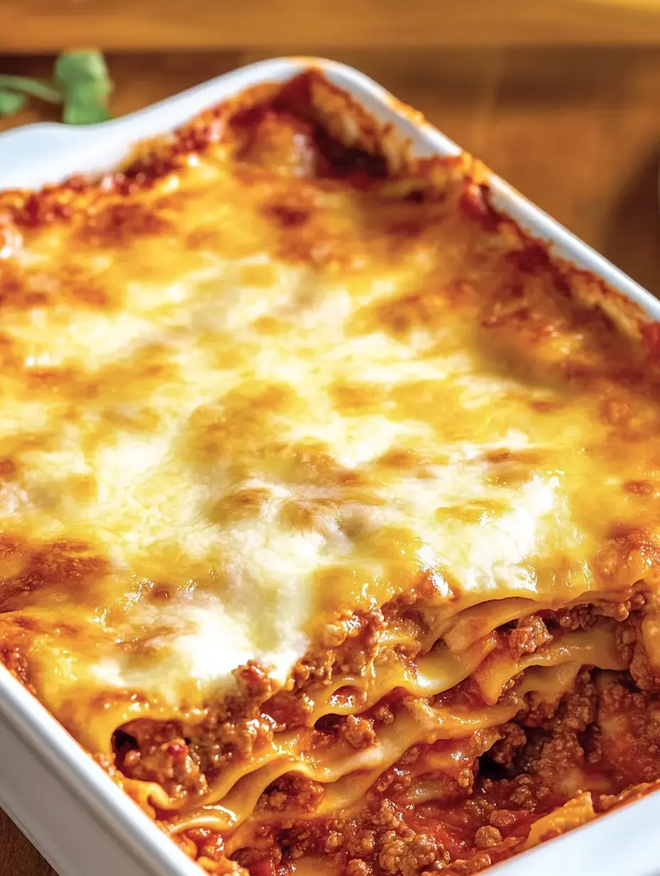 A delicious lasagna with layers of pasta sheets, ground beef and melted cheese in a white baking dish.